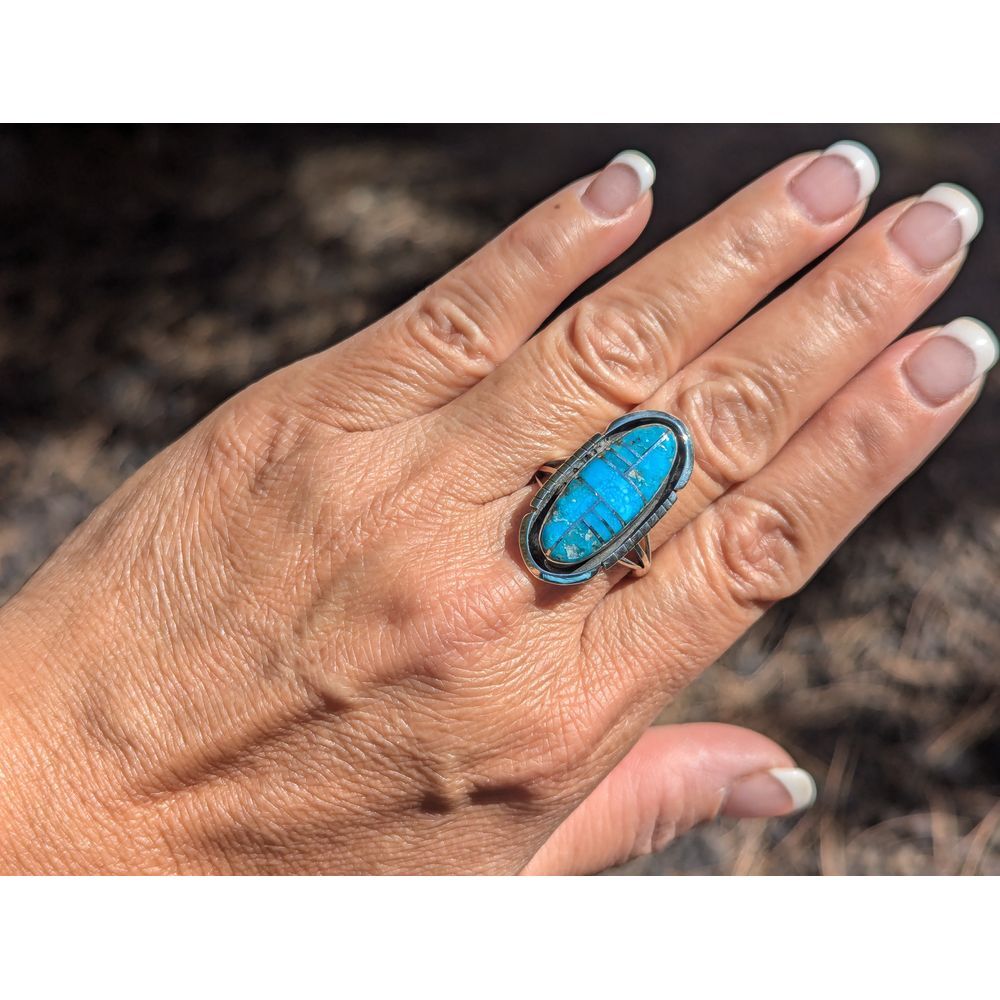 Navajo Ring Inlay Kingman Turquoise Tri-Cut Border Sterling Sz 9.5**